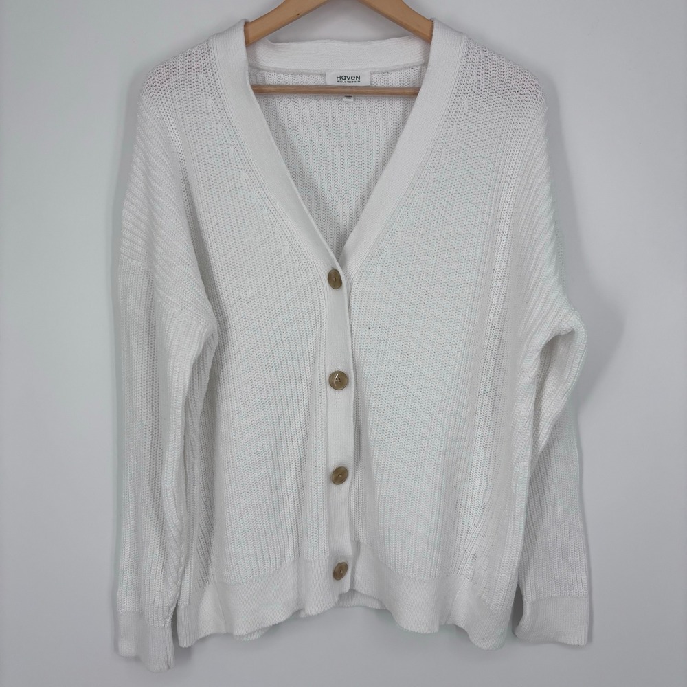 Haven Well Within Cotton Shaker Stitch Cardigan Women Large White V-Neck Sweater